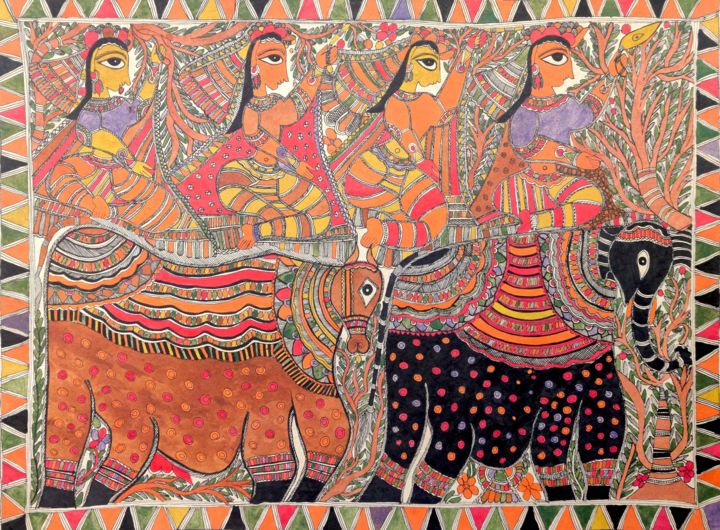 Pintura intitulada "Madhubani Painting14" por Manoj Kumar, Obras de arte originais, Acrílico