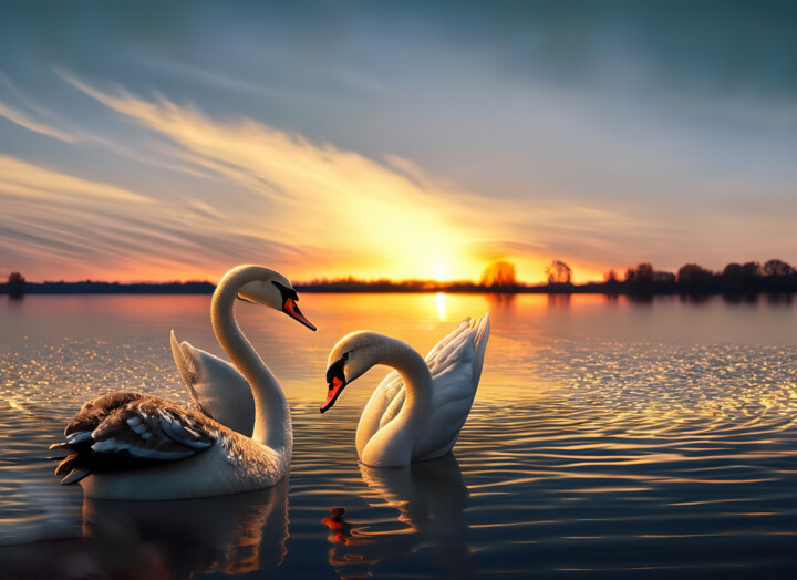 Цифровое искусство под названием "Mute Swans on the l…" - Manolis Tsantakis, Подлинное произведение искусства, Изображение,…