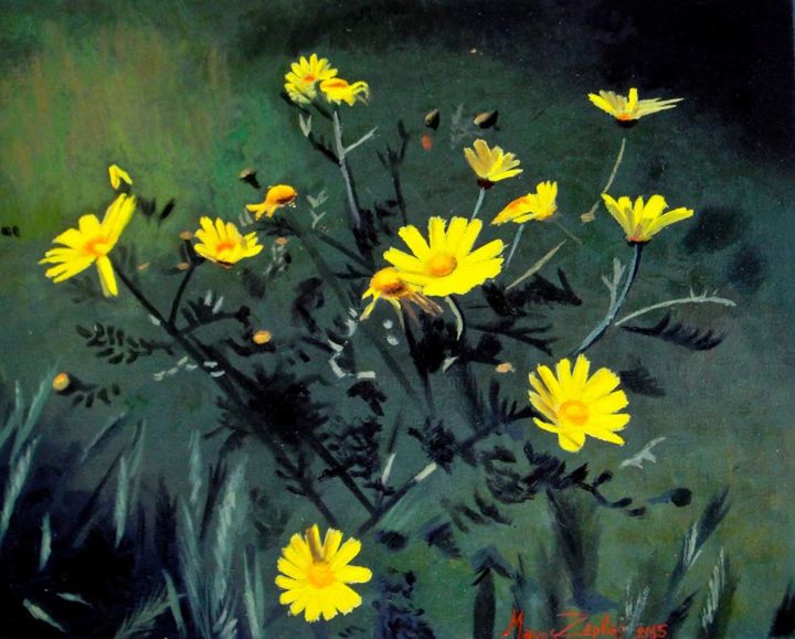 Painting titled "Daisies" by Manos Zervos, Original Artwork, Oil