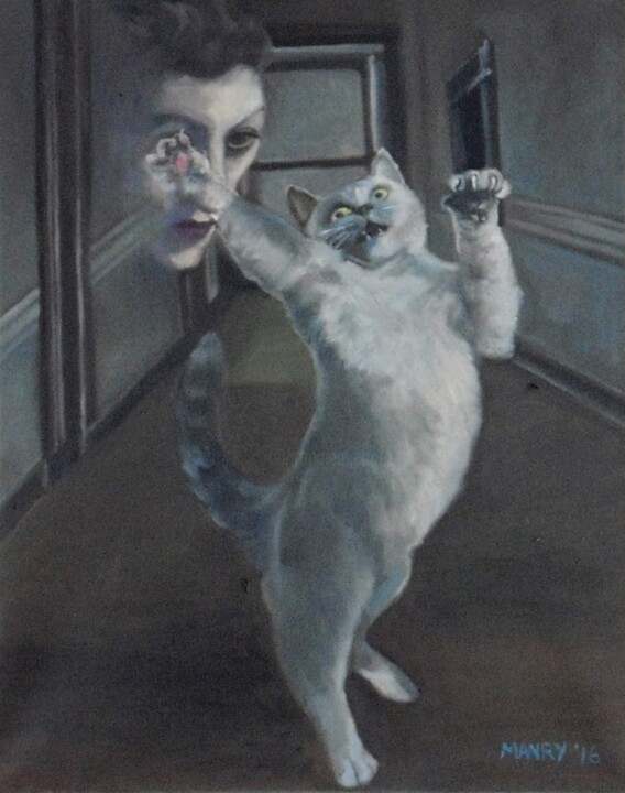 Ζωγραφική με τίτλο "Cat and Spirit" από Manry Douglas, Αυθεντικά έργα τέχνης, Λάδι
