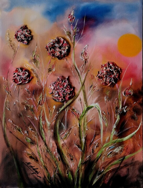 Dessin intitulée "Flowers in Fall" par Mansoureh Ashrafi, Œuvre d'art originale, Huile