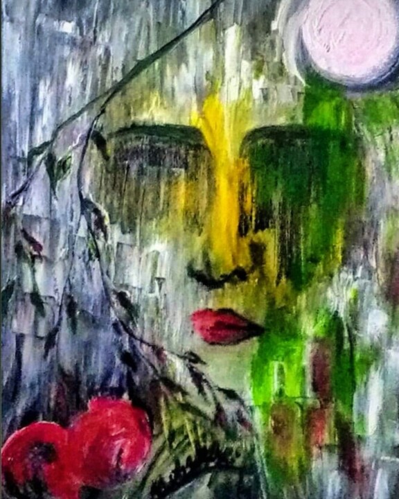 Peinture intitulée "Moon, pomegranates,…" par Mansoureh Ashrafi, Œuvre d'art originale, Huile