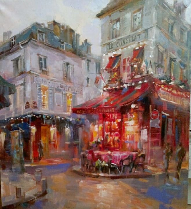 Картина под названием "Parisian cafe" - Elena Rezaeva, Подлинное произведение искусства, Масло