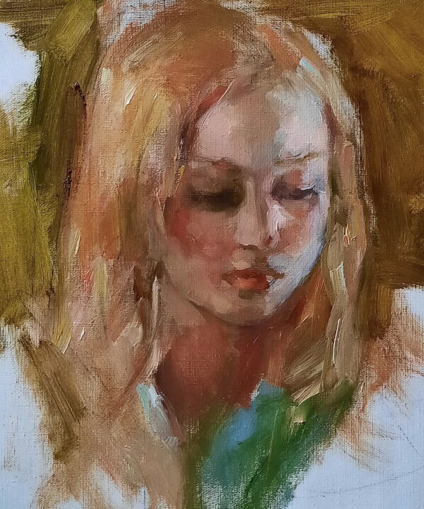 Painting titled "Portrait of a girl" by Elena Rezaeva, Original Artwork, Oil