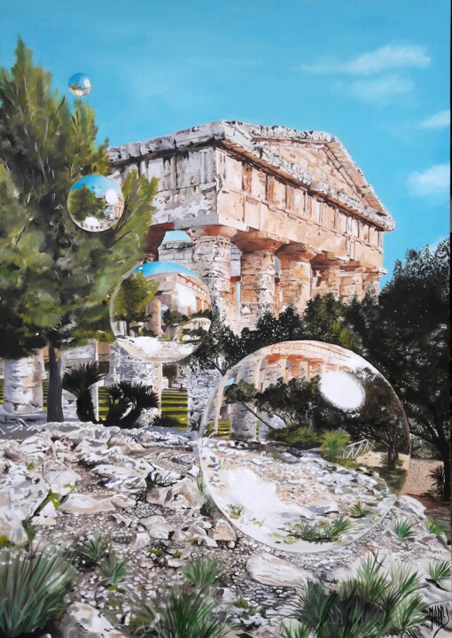 Peinture intitulée "Segesta le temple" par Manu Surreabulliste, Œuvre d'art originale, Huile Monté sur Châssis en bois