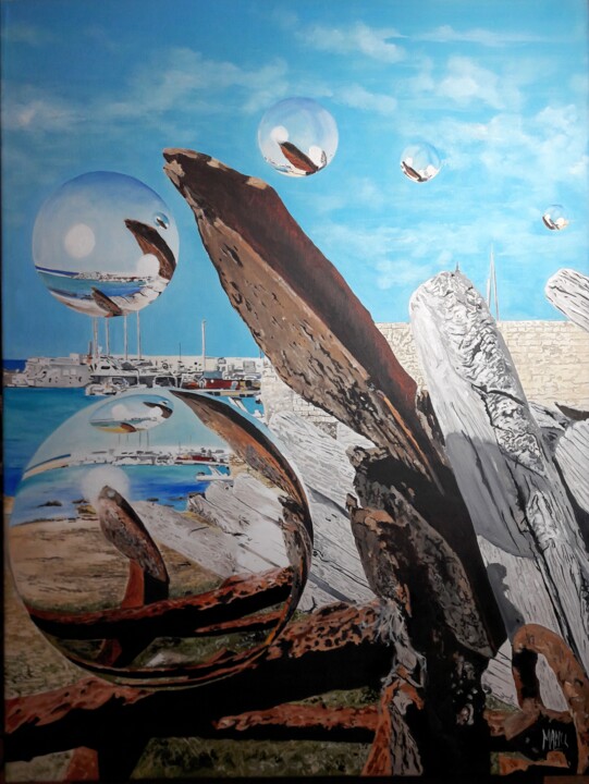 Peinture intitulée "Les ancres de Favig…" par Manu Surreabulliste, Œuvre d'art originale, Huile Monté sur Châssis en bois