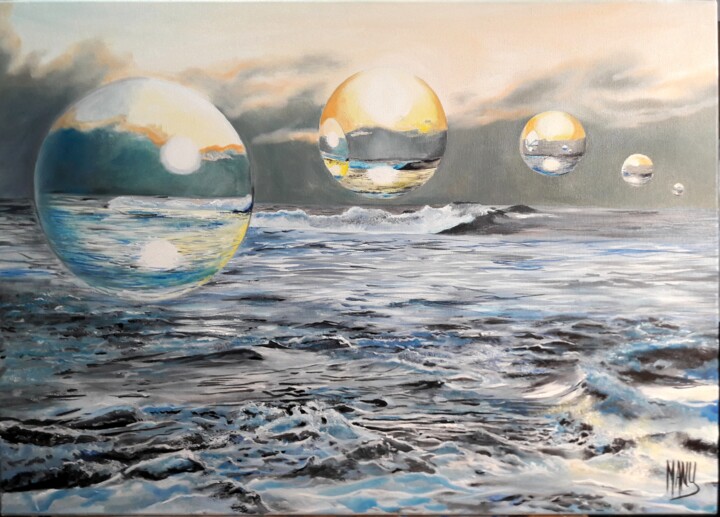 Painting titled "A deux pas de la mer" by Manu Surreabulliste, Original Artwork, Oil Mounted on Wood Stretcher frame