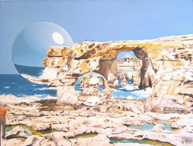 Peinture intitulée "Gozo la fenetre azur" par Manu Surreabulliste, Œuvre d'art originale