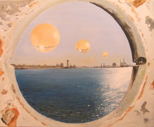 绘画 标题为“Le Havre vue de la…” 由Manu Surreabulliste, 原创艺术品, 油