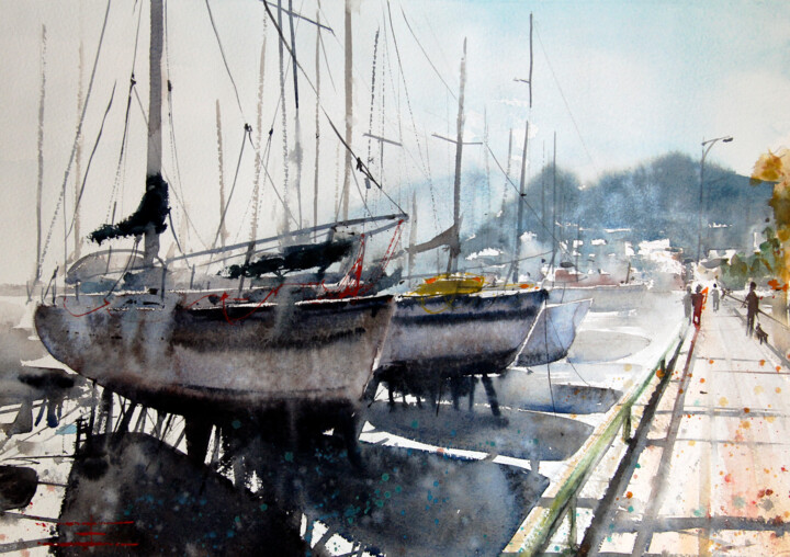 Painting titled "Salerno Harbour - S…" by Manu Toxxic, Original Artwork, Watercolor