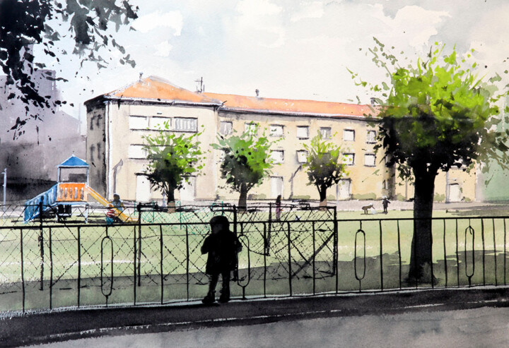 Pintura intitulada "L'école à Lugano, S…" por Manu Toxxic, Obras de arte originais, Aquarela