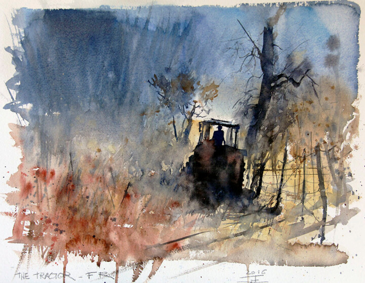 Pittura intitolato "Le tracteur" da Manu Toxxic, Opera d'arte originale, Acquarello