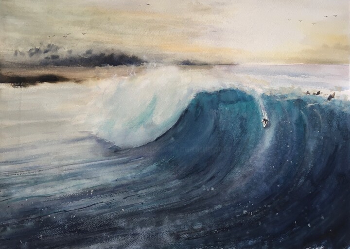 Peinture intitulée "Big waves surfers" par Manu Toxxic, Œuvre d'art originale, Aquarelle