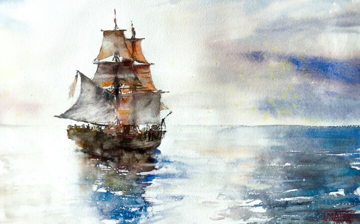 Painting titled "Série Voiliers chap…" by Manu Toxxic, Original Artwork, Watercolor