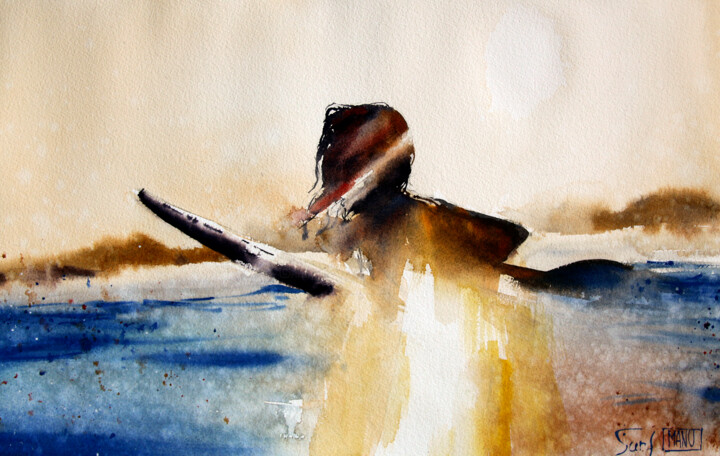 Pittura intitolato "Surf girl - 1" da Manu Toxxic, Opera d'arte originale, Acquarello