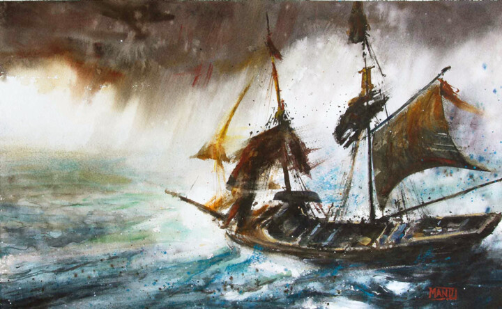 Malerei mit dem Titel "la tempête" von Manu Toxxic, Original-Kunstwerk, Aquarell