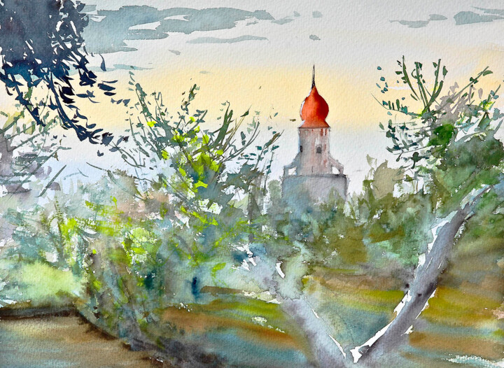 Painting titled "Bell tower of Madon…" by Manu Toxxic, Original Artwork, Watercolor