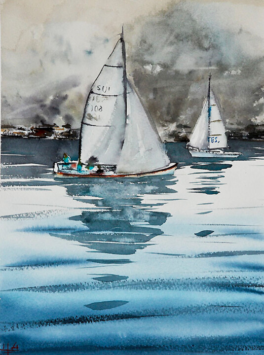 Pittura intitolato "Sailboats on Lugano…" da Manu Toxxic, Opera d'arte originale, Acquarello