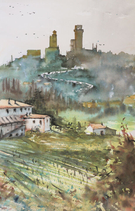 Malerei mit dem Titel "San Gimignano sunri…" von Manu Toxxic, Original-Kunstwerk, Aquarell