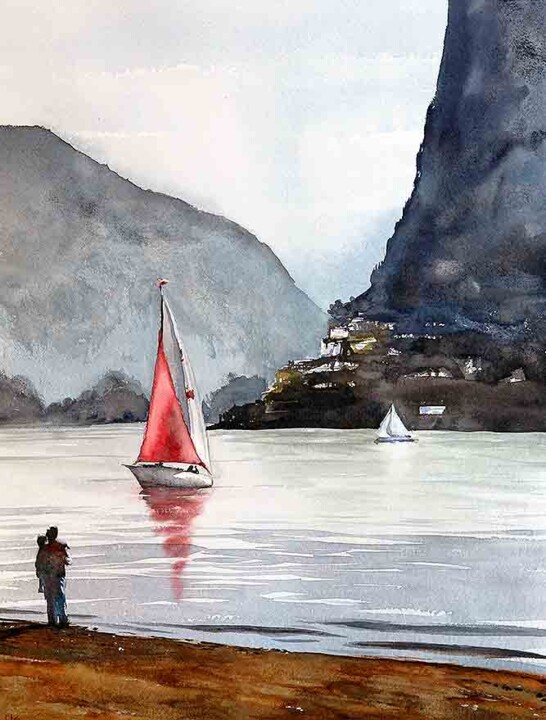 Schilderij getiteld "The red sailboat" door Manu Toxxic, Origineel Kunstwerk, Aquarel