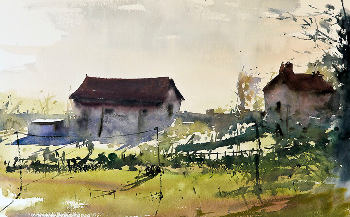 Painting titled "The farm" by Manu Toxxic, Original Artwork, Watercolor
