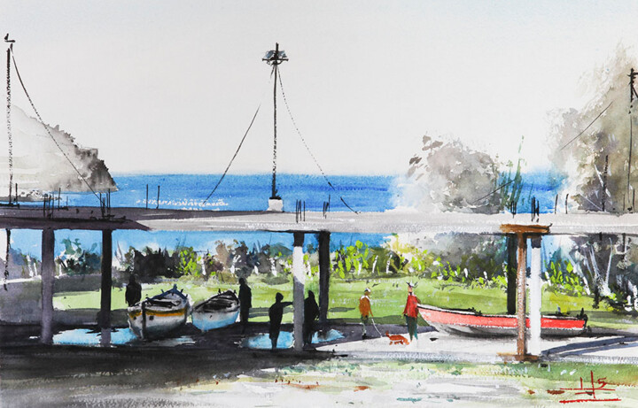 Peinture intitulée "village balnéaire a…" par Manu Toxxic, Œuvre d'art originale, Aquarelle