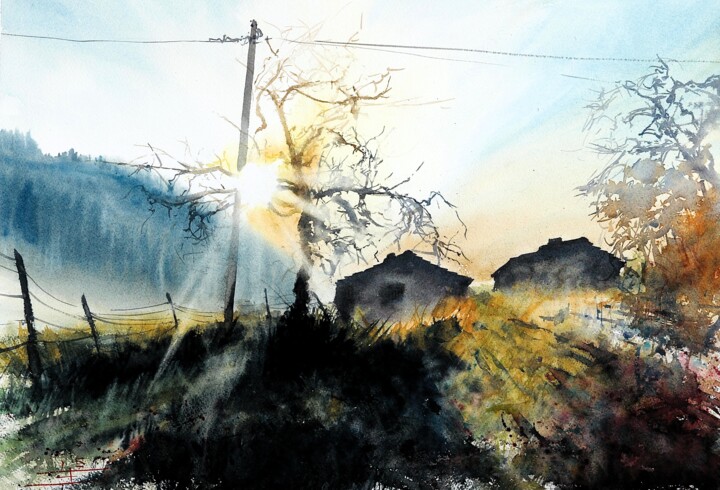 Malerei mit dem Titel "Countryside near Pe…" von Manu Toxxic, Original-Kunstwerk, Aquarell