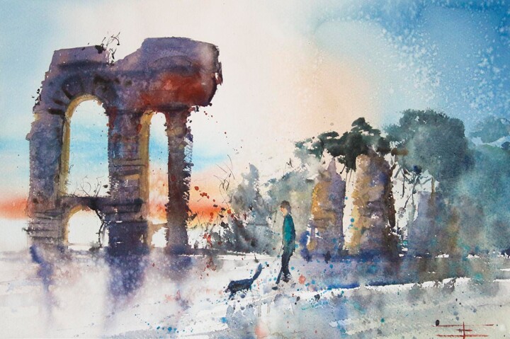 Painting titled "Columns in the Park…" by Manu Toxxic, Original Artwork, Watercolor