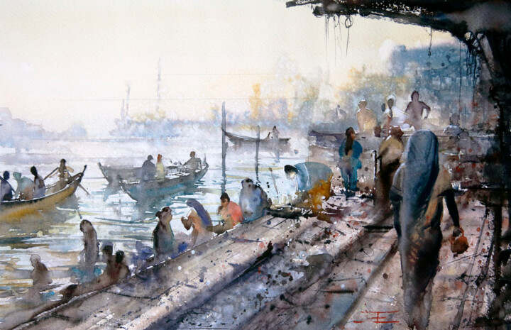Painting titled "Gange - les indiens…" by Manu Toxxic, Original Artwork, Watercolor