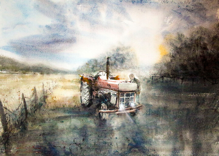 Painting titled "Le tracteur, Aiguil…" by Manu Toxxic, Original Artwork, Watercolor