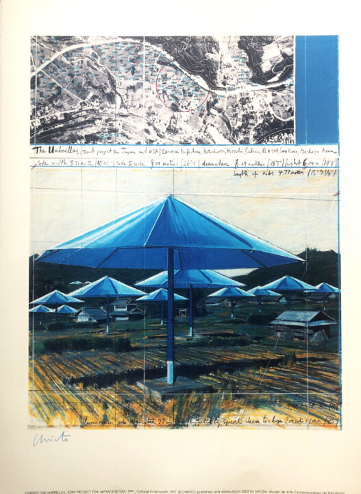 Druckgrafik mit dem Titel "Christo: The Umbrel…" von Manuel Aragonés, Original-Kunstwerk, Lithographie