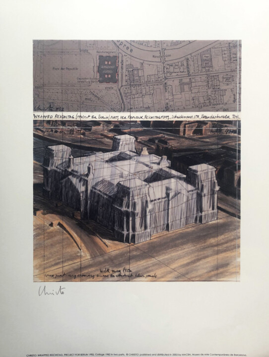 Gravures & estampes intitulée "Christo: Reichstag…" par Manuel Aragonés, Œuvre d'art originale, Lithographie
