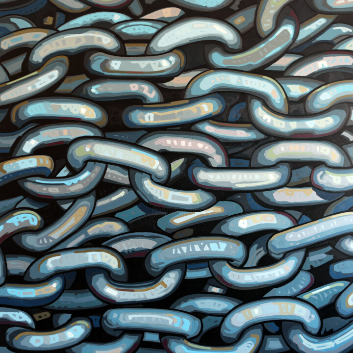 Painting titled "BLUE CHAINS" by Manuel Di Chiara, Original Artwork, Acrylic Mounted on Wood Stretcher frame
