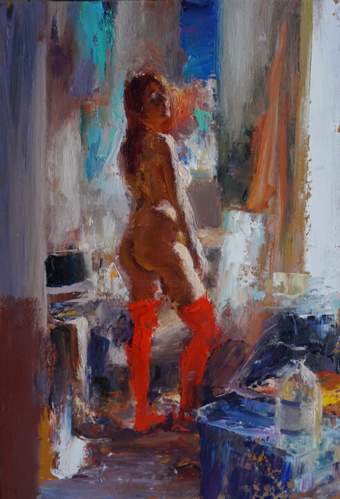 Painting titled "Rouge et lumière de…" by Manuel Leonardi, Original Artwork, Oil