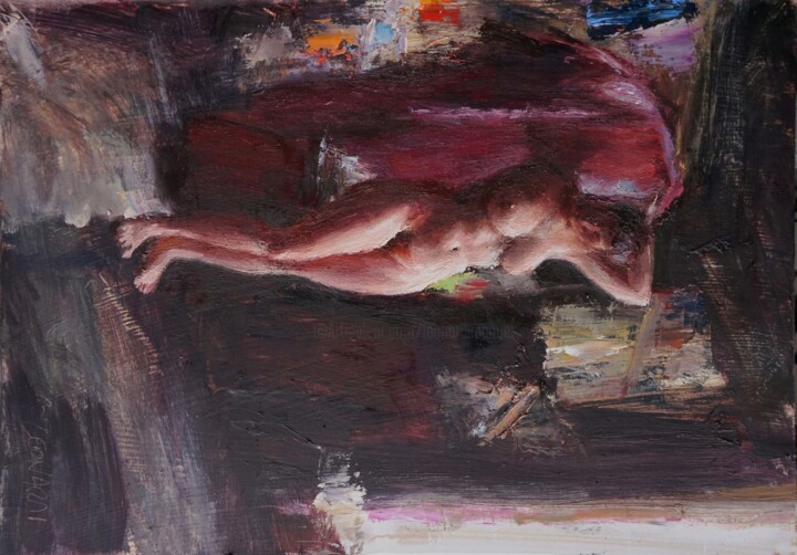 Painting titled "Le peignoir rouge" by Manuel Leonardi, Original Artwork, Oil
