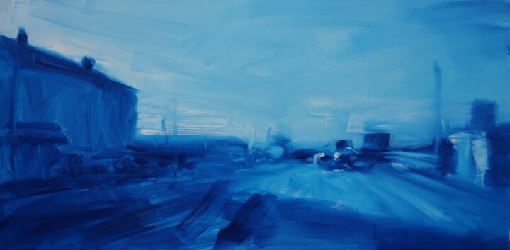 Peinture intitulée "Villeneuve bleue" par Manuel Leonardi, Œuvre d'art originale, Huile Monté sur Châssis en bois