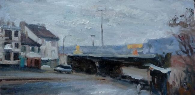 Painting titled "Le pont de l'A6" by Manuel Leonardi, Original Artwork, Oil