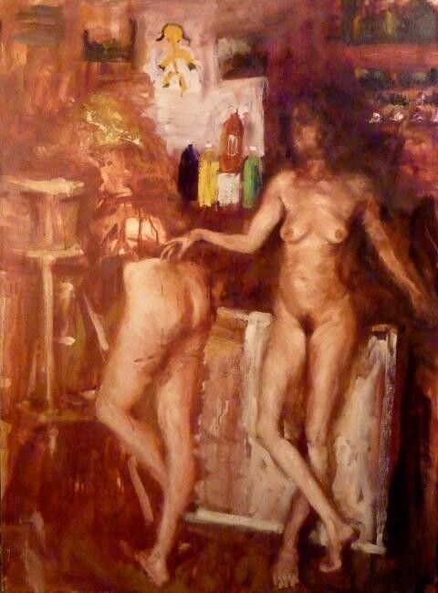 Peinture intitulée "deux anonymes nues" par Manuel Leonardi, Œuvre d'art originale, Huile
