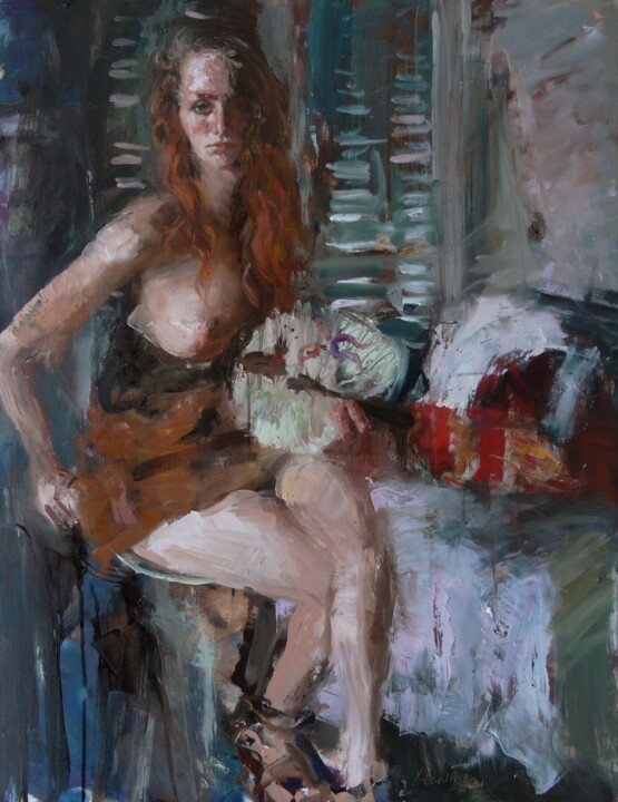 Peinture intitulée "Pauline à l'éventail" par Manuel Leonardi, Œuvre d'art originale, Huile