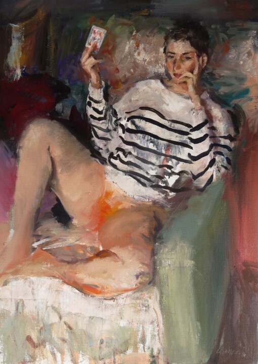 Painting titled "La dame de coeur" by Manuel Leonardi, Original Artwork, Oil