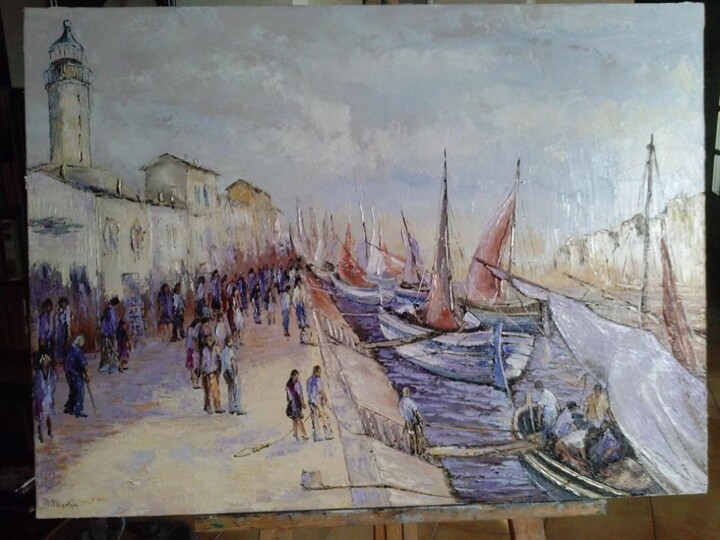 Painting titled "PECHEURS A QUAI" by Manuel Martin, Original Artwork, Oil