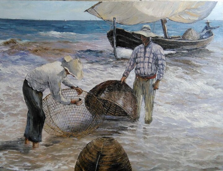 Painting titled "Pêcheurs" by Manuel Martin, Original Artwork, Oil