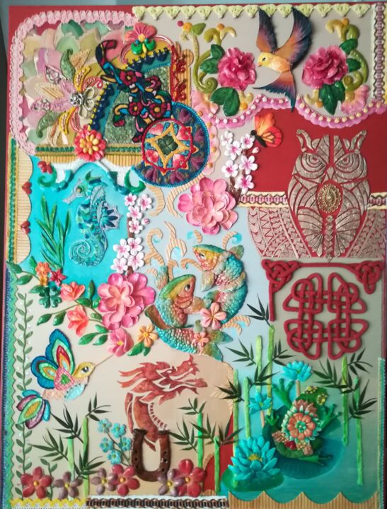 Collages intitolato "Good Vibes" da Manuela Marques, Opera d'arte originale, Collages Montato su Telaio per barella in legno