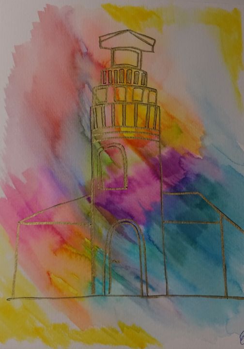 Malerei mit dem Titel "Traumturm" von Elfe, Original-Kunstwerk, Aquarell