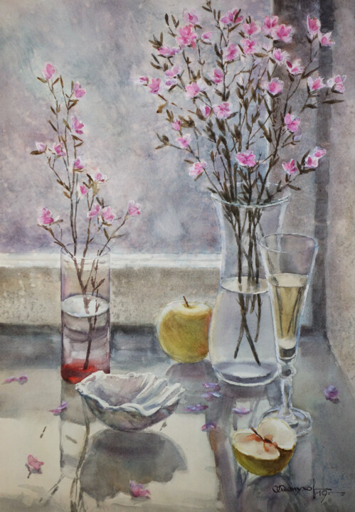 Картина под названием "Spring still-life w…" - Igor Manukhov, Подлинное произведение искусства, Акварель