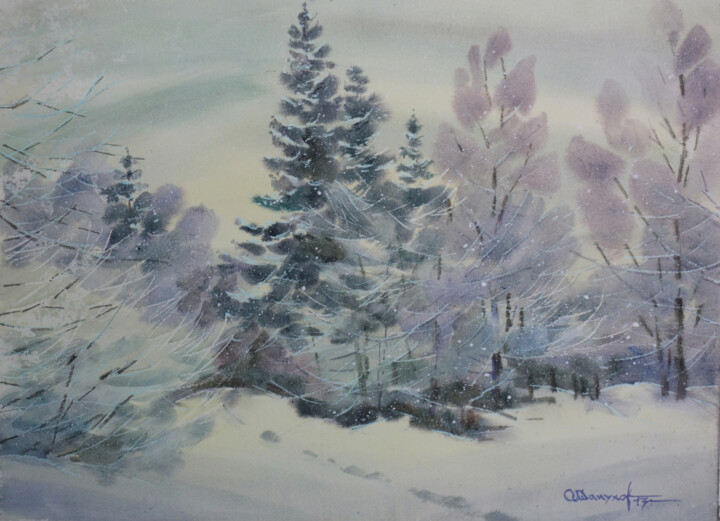 Malarstwo zatytułowany „Winter forest” autorstwa Igor Manukhov, Oryginalna praca, Akwarela