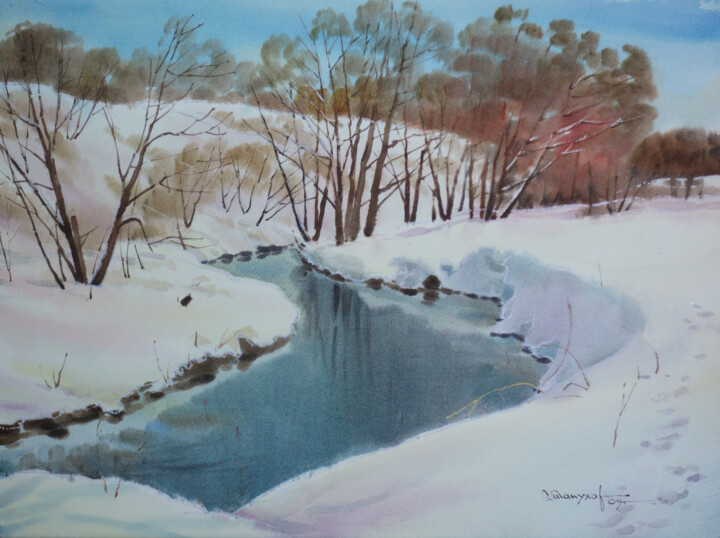 Painting titled "Spring River" by Igor Manukhov, Original Artwork, Watercolor