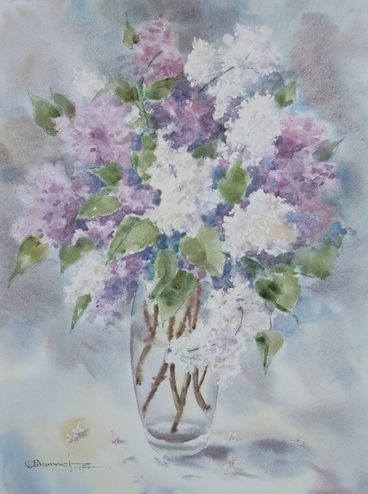 Картина под названием "Lilac bush. Still l…" - Igor Manukhov, Подлинное произведение искусства, Акварель