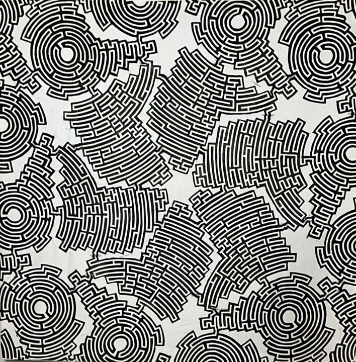 Prenten & gravures getiteld "Labyrinth #2" door Michael E. Voss, Origineel Kunstwerk, Linosnede Gemonteerd op Frame voor hou…