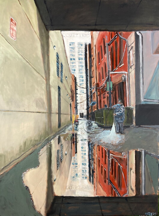 Pintura intitulada "Alley Wash" por Michael E. Voss, Obras de arte originais, Óleo Montado em Armação em madeira